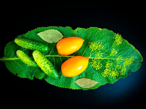 Vegetables cucumbers and tomatoes with horseradish leaf on a black background. Food photo. Vegetarian food. Agriculture. Farm. Shop window photo. Preservation of tomato. Pickles. Place for text.