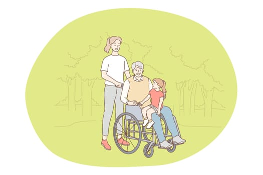 Disabled people on wheelchair living happy active lifestyle concept. Senior elderly man on wheelchair enjoying company of daughter and granddaughter on knees in park outdoors in summer illustration