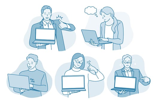 Online communication, laptop, business concept. Young smiling business people office workers standing with laptops and showing thumb up sign with fingers. Success, technology, distant work