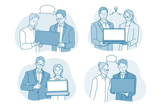 Teamwork, brainstorm, startup concept. Young business people office workers partners cartoon characters standing discussing details of projects and ideas for startups together illustration