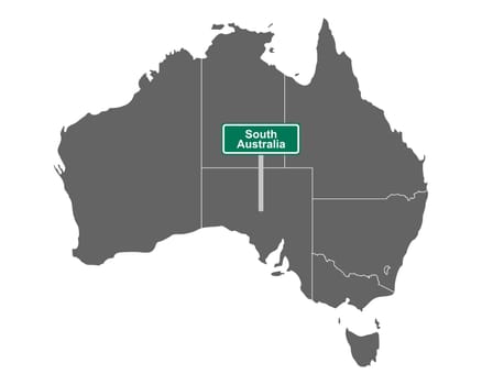 Ortsschild South Australia auf Landkarte von Australien