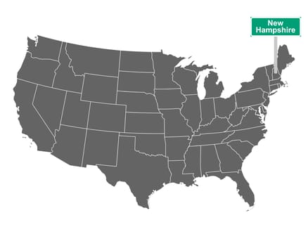 New Hampshire state limit sign and map of USA
