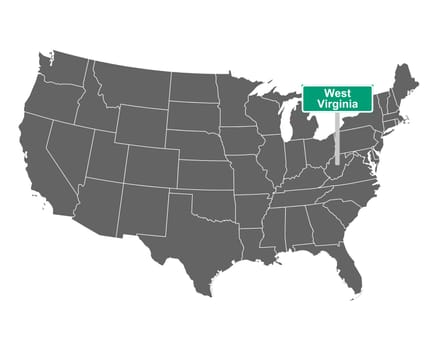 West Virginia state limit sign and map of USA