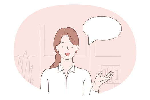 Communication, chat, speaking concept. Young smiling girl cartoon character standing and talking with speech bubble near vector illustration