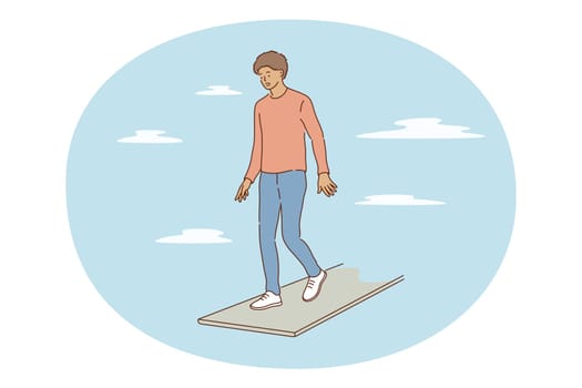 Challenge, risk, fear concept. Young frustrated boy cartoon character standing at edge of footpath near gap and unknown feeling not sure unconfident and lost vector illustration