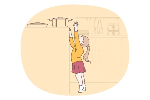 Danger, risk, curiosity concept. Small girl cartoon character reaching up for cooking pan on stove in kitchen without parents control vector illustration