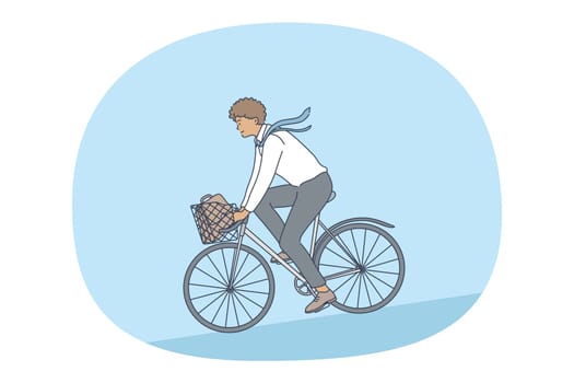 Healthy active lifestyle, sport, leisure hobby concept. Young happy man enjoying riding bicycle in park on summer vector illustration. Recreation, activity, entertainment, fitness, fun