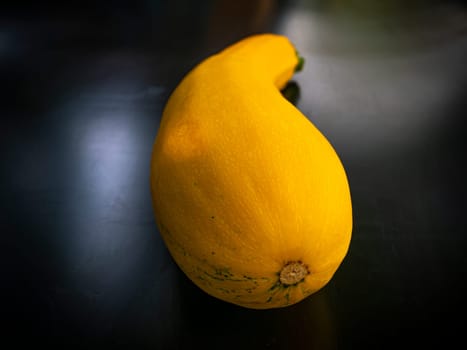 Yellow vegetable zucchini on a black background. Food photo. Vegetarianism. Vitamins in vegetables. Cooking zucchini boluda. Harvesting. Agriculture. Menu of dishes. Background image.