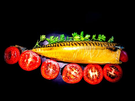 Smoked mackerel fish with tomatoes on a black background. Salted mackerel fish. Green parsley. Canned food. Food photo. Recipe. Menu of dishes. Vegetarian food. Home kitchen. Fishing.