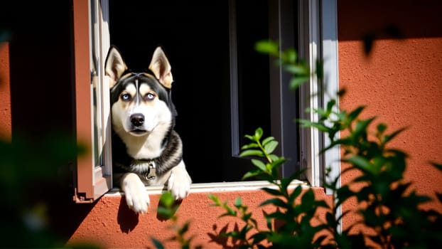 The dog wants to go for a walk. The Siberian Husky is looking at the street from the window of the house. In the yard, there are fresh spring foliage on the trees.. High quality photo