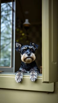The dog wants to go for a walk. The Zwergschnauzer is looking at the street from the window of the house. In the yard, there are fresh spring foliage on the trees.. High quality photo