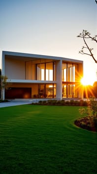 The modern individual residential house is surrounded by a well-groomed beautiful lawn. High quality photo