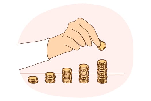 Money savings, coins, budget concept. Hands of person making stacks of golden coins on table. Finance, payment, credit, financial stability and investing vector illustration