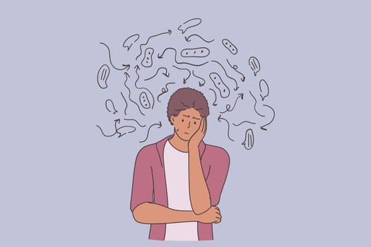 Depression, problems, tiredness with thoughts concept. Young sad unhappy african american man standing over thinking looking tired and bored with depression problems vector illustration