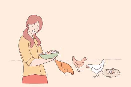 Farm, agriculture, farmer concept. Young smiling woman cartoon character standing and holding bowl of fresh eggs with eating chicken at background on farm vector illustration