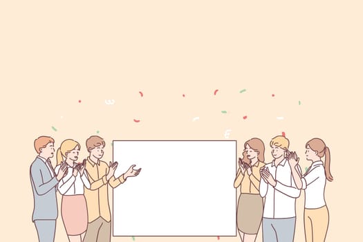 Promotion, demonstration and admiration concept. Group of young smiling positive people office workers standing applauding and looking at white blank mockup for text ad copy space vector illustration