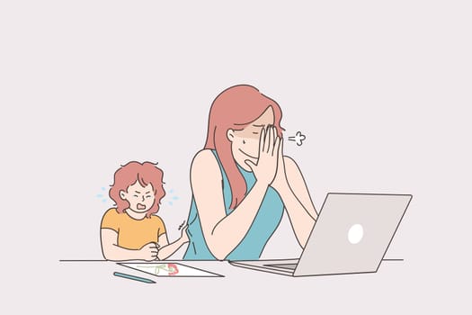 Distant working with child, freelance and stay at home concept. Tired stressed young woman mother trying to work from home at laptop with crying baby toddler vector illustration