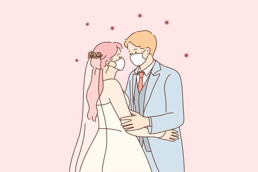 Wedding and holidays during coronavirus pandemic concept. Young loving family husband and wife in medical masks standing after marriage and looking at each other vector illustration