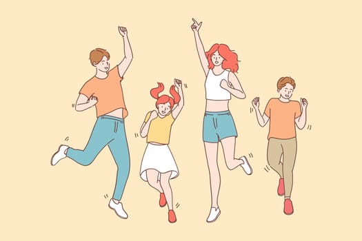 Achievement, joy, celebration concept. Happy cheerful joyful big family with children jumping together celebrating luck and feeling great having fun vector illustration