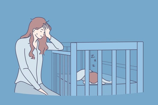 Tiredness, exhaustion, sleep lack concept. Young tired woman mother cartoon character sitting near child bed and trying to nap or sleep touching face vector illustration
