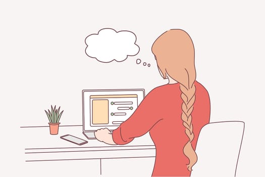Distant working, online communication, freelance concept. Young woman entrepreneur or freelancer sitting with laptop and working at home with business reports and online translating illustration