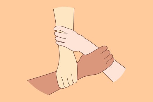 Tolerance, multiracial group, antiracism concept. Hands of black asian caucasian people holding each other as symbol of unity support love and international team vector illustration