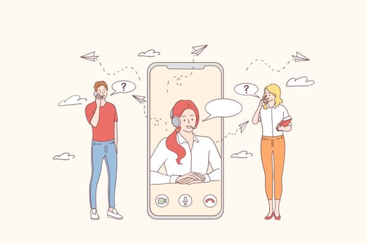 Customer support and online support call center concept. Young people cartoon characters talking with customer support operator representative online on smartphone vector illustration