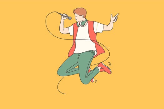 Singer, hipster, positive lifestyle concept. Crazy hipster guy music lover or singer jumping high with microphone in hand over yellow background vector illustration