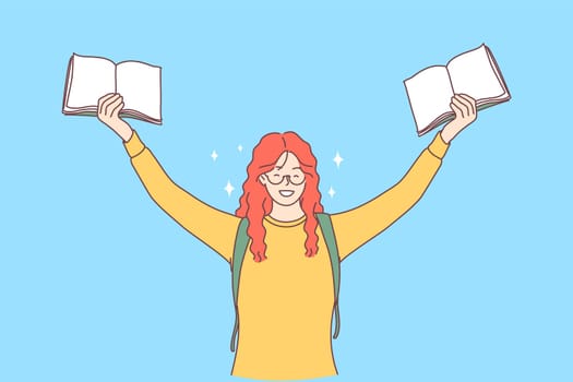 Excellent pupil, student, studying concept. Portrait of red haired cheerful happy girl with books in raised hands enjoying learning and having fun over blue background vector illustration