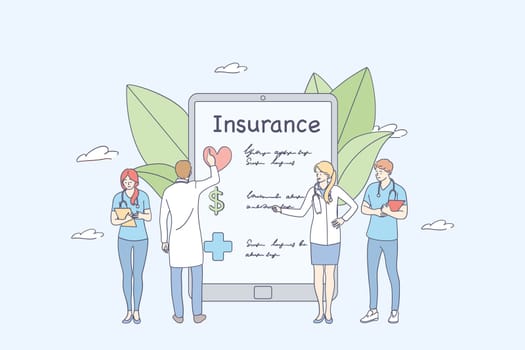 Health insurance online concept. Doctors medical worker cartoon characters standing near health Insurance contact on smartphone screen filling medical document form concept