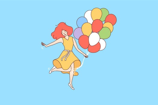 Holiday, party, birthday, celebration, fun concept . Cheerful feminine girl holding many colourful baloons enjoying holiday event over blue background vector illustration