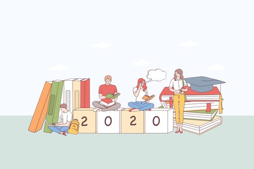 College education, student learning concept. Group of tong people students sitting on stack of books, learning, typing texts and thinking on 2020 cubes below vector illustration