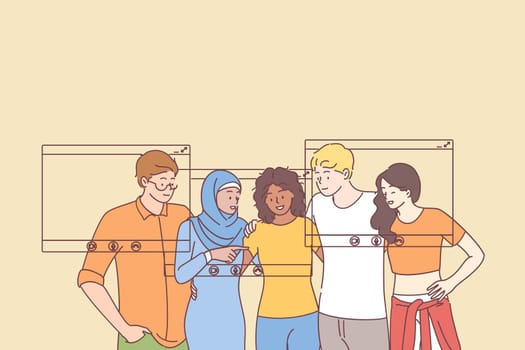 Online party and meeting, video calk concept. Group of young smiling multiethnic people friends or colleagues gathering together using video call technologies on smartphones vector illustration