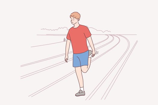 Athlete, active lifestyle, sport, training concept. Young Caucasian man cartoon character in bright sports clothes doing stretching warming up exercises on stadium before workout vector illustration