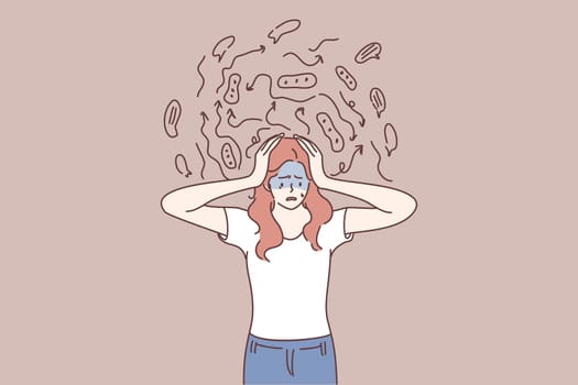 Mental chaos, frustration, anxiety concept. Frustrated woman cartoon character touching head and feeling anxiety, stress and disorder in thoughts and having brain problems illustration