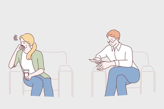 Mental help, psychology, misunderstanding concept. Serious man psychologist sitting and relying to calm crying unhappy depressed woman during consultation in clinic vector illustration
