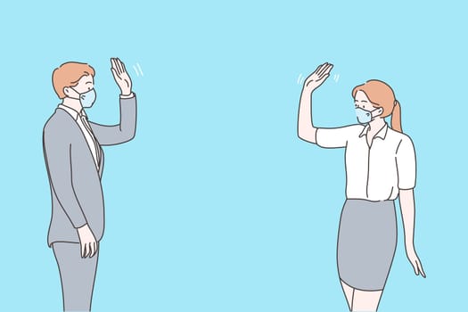 Office life and greeting partners during coronavirus pandemic concept. Businessman greeting and saying hello with business colleague, wearing medical mask, standing in distance illustration