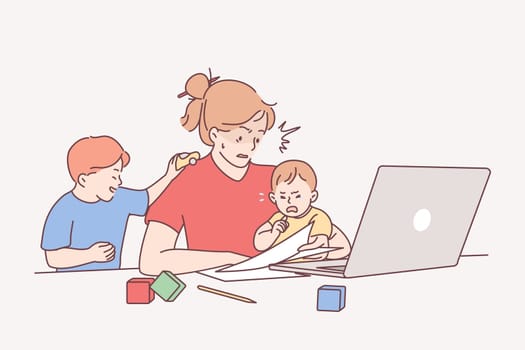 Distant work during maternity leave concept. Young stressed woman mother cartoon character sitting with two crying and playing children and trying to work from home on laptop illustration