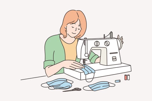 Seamstress and COVID-19 pandemic concept. Happy young woman tailor cartoon character sitting and sewing with machine protective medical face mask for preventing virus infection for people