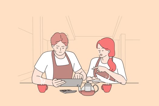 Bankrupt and calculating restaurant expenses concept. Worried woman and man owners sitting in empty restaurant and calculating finances during coronavirus pandemic crisis times