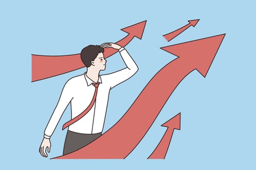 Business opportunities and development concept. Young businessman cartoon character in shirt and tie standing looking forward for new business ideas vector illustration