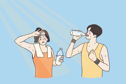 Drinking water and hot summer concept. Young sweating man and woman in sportswear standing drinking water in very hot summer days after doing sport workout vector illustration