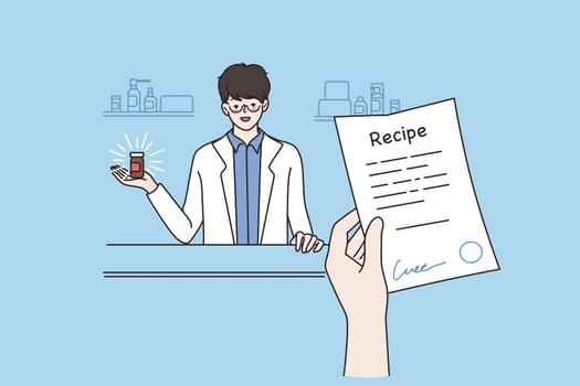 Online pharmacy or drugstore concept. Human Hand holding prescription recipe in pharmacy or drugstore with pharmacist at counter vector illustration