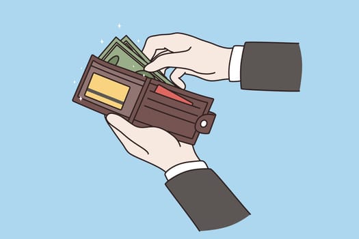 Wallet with money of businessman concept. Hands of businessman worker holding wallet with heap of money cash currency vector illustration