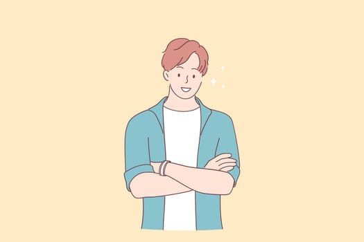 Positive person and emotion concept. Young smiling boy wearing casual clothing standing with crossed arms and looking at the camera vector illustration