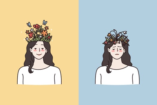 Mental health problems and contrasts concept. Young happy and sad woman having growing blossom and damaged flowers on head meaning mental state vector illustration