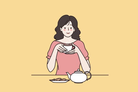 Enjoying tea drinking ceremony concept. Young positive woman sitting drinking fresh tea with sweets on plate feeling happy vector illustration