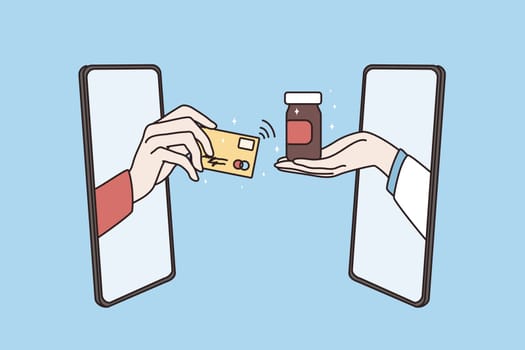 Online drugstore and pharmacy concept. Human Hand paying with credit card and taking drug from pharmacist hand online from smartphone screen vector illustration