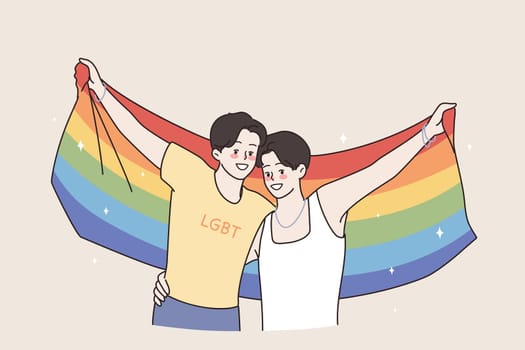 LGBT rights and gays concept. Gay smiling men couple standing hugging holding rainbow gay pride flag feeling confident and happy vector illustration