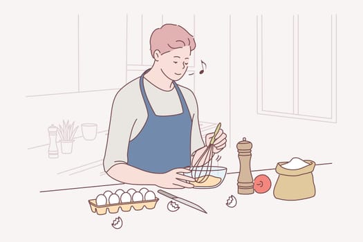 Baking, cooking, making homemade pastry or cake concept. Happy young guy in apron mixing ingredients for cooking dessert, pie or pastry in kitchen at home and singing alone illustration